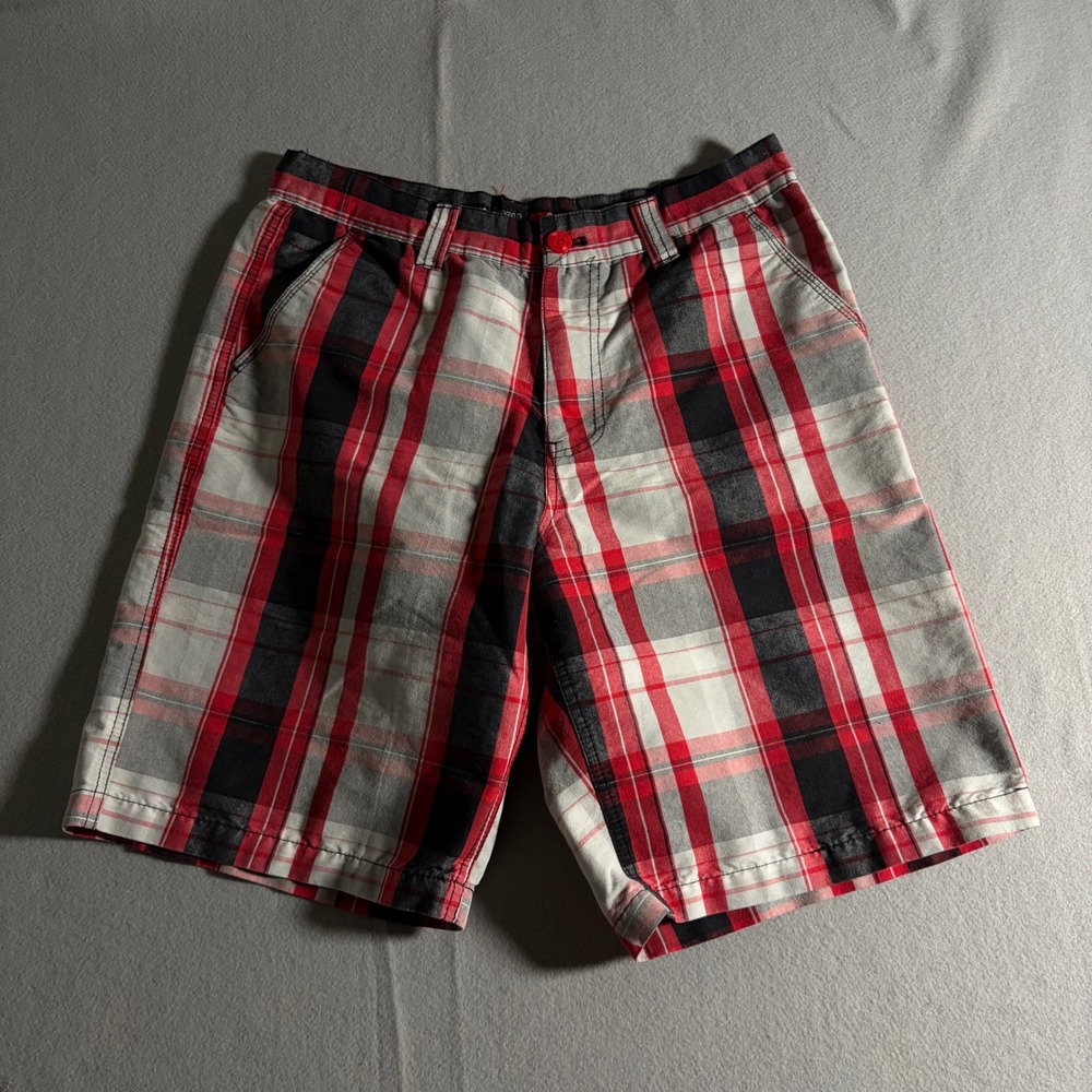Southpole Mens Size 34 Plaid Cargo Shorts Red Black White Checkered Y2K Baggy